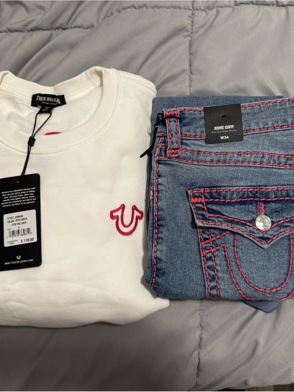 True Religion High-Rise Jennie Curvy Jeans with Pink Contrast Stitching